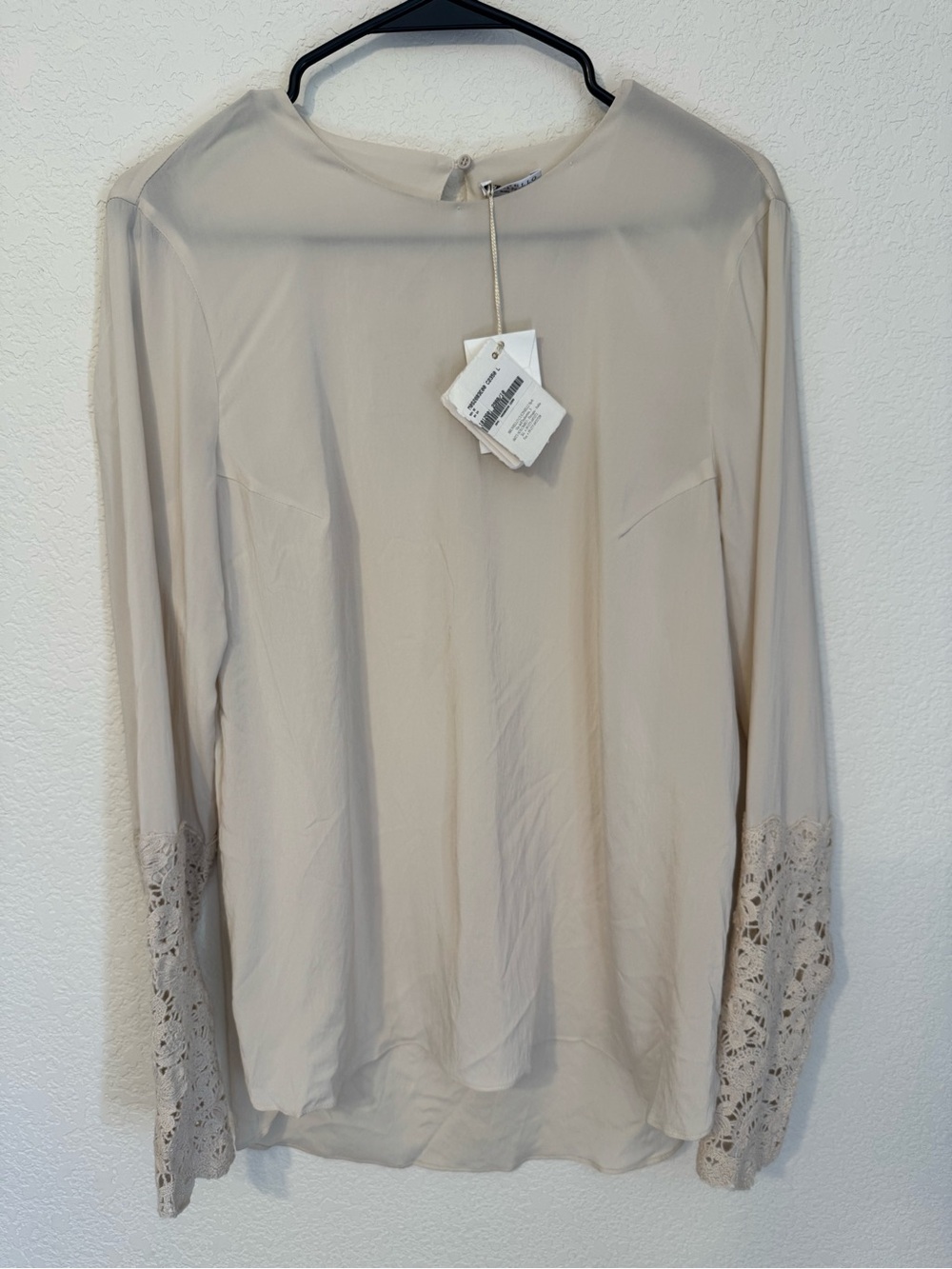 Brunello Cucinelli Off-White Silk Lace-Sleeve Blouse sz L NWT